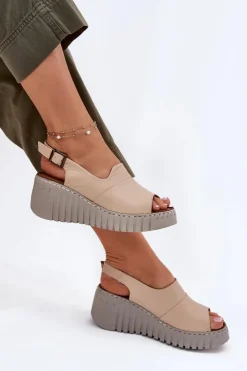 Damskie Artiker Sandały Damskie Z Naturalnej Skóry Na Koturnie 56C0957 Beżowe