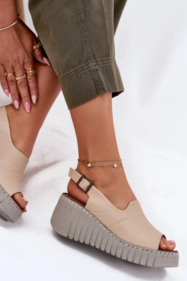 Damskie Artiker Sandały Damskie Z Naturalnej Skóry Na Koturnie 56C0957 Beżowe