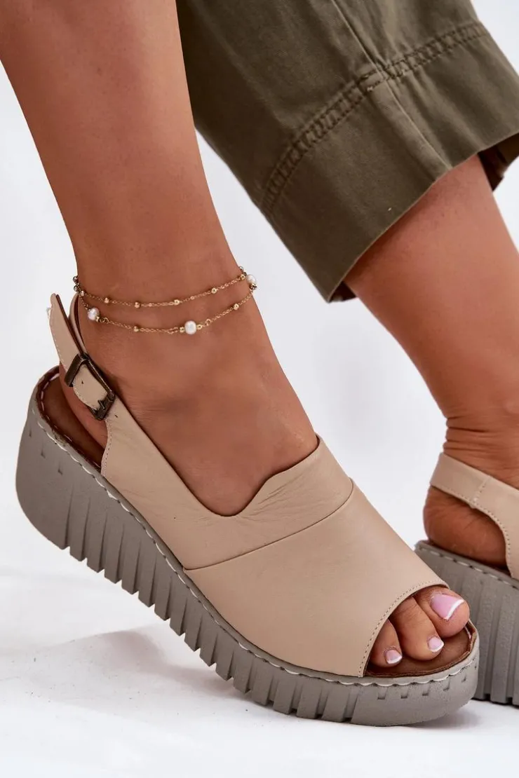 Damskie Artiker Sandały Damskie Z Naturalnej Skóry Na Koturnie 56C0957 Beżowe