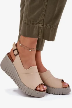 Damskie Artiker Sandały Damskie Z Naturalnej Skóry Na Koturnie 56C0957 Beżowe