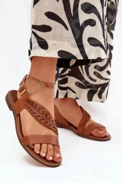 Damskie Boto Sandały Damskie Z Naturalnej Skóry Na Płaskim Obcasie Zazoo 3564 Camel