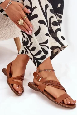 Damskie Boto Sandały Damskie Z Naturalnej Skóry Na Płaskim Obcasie Zazoo 3564 Camel