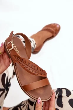 Damskie Boto Sandały Damskie Z Naturalnej Skóry Na Płaskim Obcasie Zazoo 3564 Camel