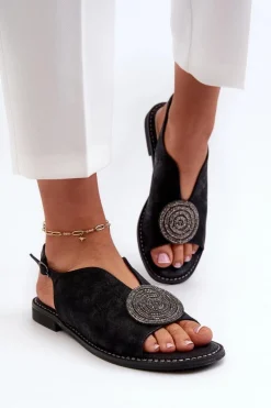 Damskie buty S.Barski Sandały Płaskie*Sandały Damskie Z Ozdobą Na Płaskim Obcasie S.Barski KV24-057 Czarne