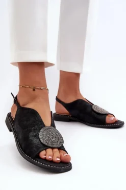 Damskie buty S.Barski Sandały Płaskie*Sandały Damskie Z Ozdobą Na Płaskim Obcasie S.Barski KV24-057 Czarne