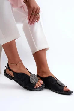 Damskie buty S.Barski Sandały Płaskie*Sandały Damskie Z Ozdobą Na Płaskim Obcasie S.Barski KV24-057 Czarne