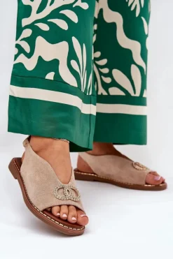 Damskie Boto Sandały Damskie Z Ozdobą Na Płaskim Obcasie Eko Zamszowe Beżowe Ralisses