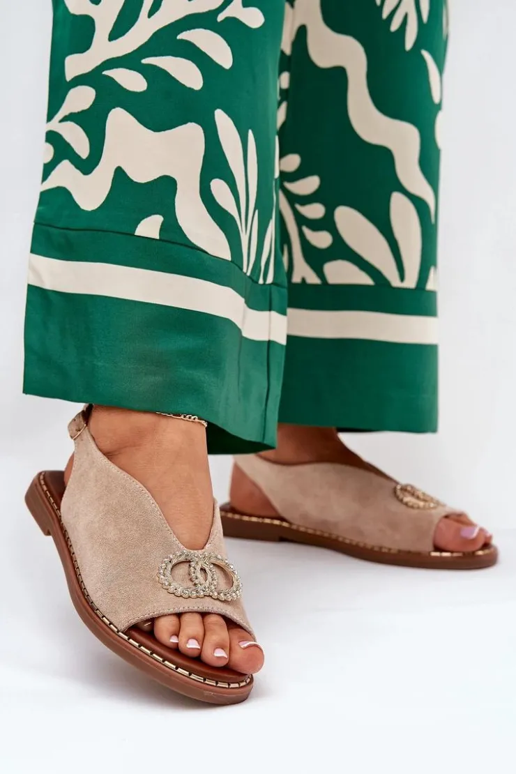 Damskie Boto Sandały Damskie Z Ozdobą Na Płaskim Obcasie Eko Zamszowe Beżowe Ralisses