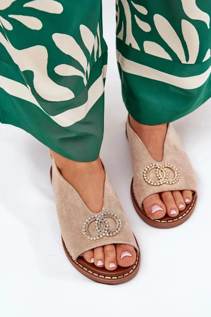 Damskie Boto Sandały Damskie Z Ozdobą Na Płaskim Obcasie Eko Zamszowe Beżowe Ralisses