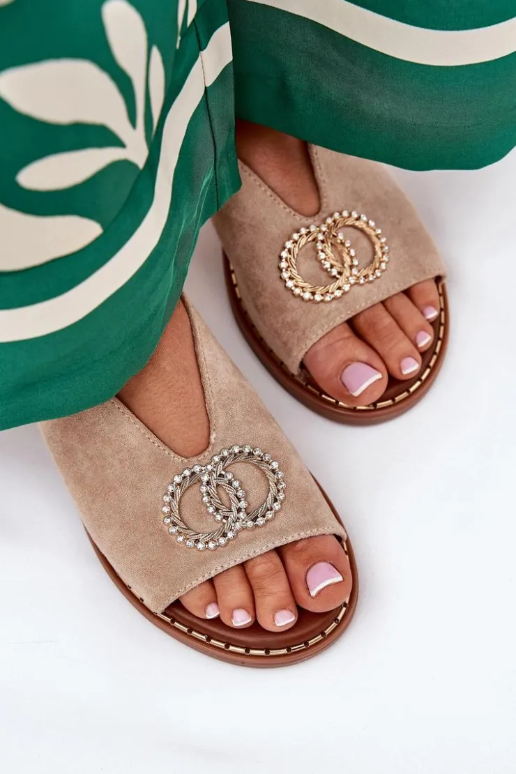 Damskie Boto Sandały Damskie Z Ozdobą Na Płaskim Obcasie Eko Zamszowe Beżowe Ralisses