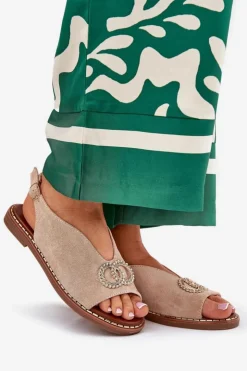 Damskie Boto Sandały Damskie Z Ozdobą Na Płaskim Obcasie Eko Zamszowe Beżowe Ralisses