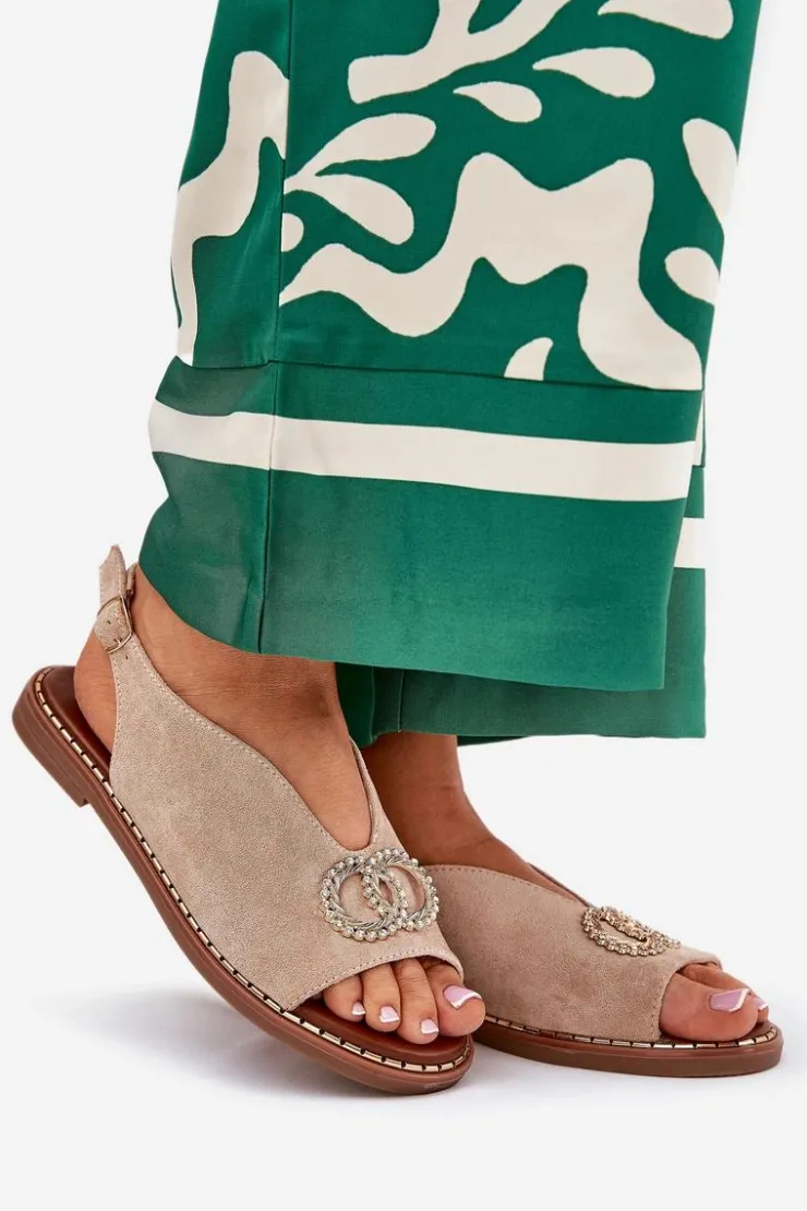 Damskie Boto Sandały Damskie Z Ozdobą Na Płaskim Obcasie Eko Zamszowe Beżowe Ralisses