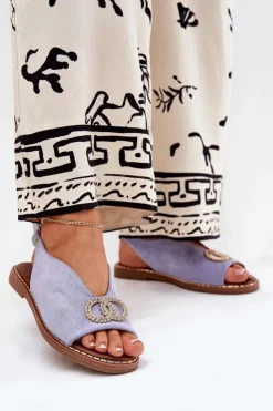 Hot Boto Sandały Damskie Z Ozdobą Na Płaskim Obcasie Eko Zamszowe e Ralisses Niebieski