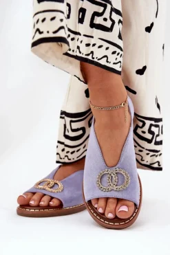 Hot Boto Sandały Damskie Z Ozdobą Na Płaskim Obcasie Eko Zamszowe e Ralisses Niebieski