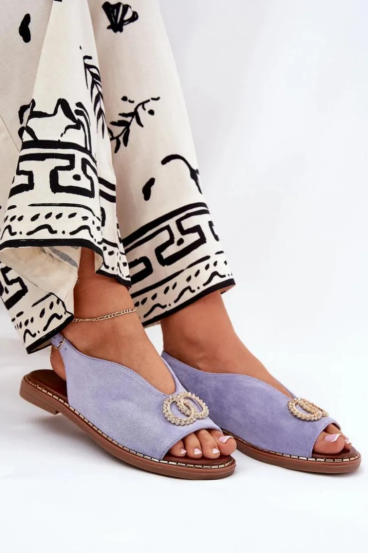 Hot Boto Sandały Damskie Z Ozdobą Na Płaskim Obcasie Eko Zamszowe e Ralisses Niebieski