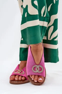 Boto Sandały Płaskie*Sandały Damskie Z Ozdobą Na Płaskim Obcasie Eko Zamszowe Różowe Ralisses Różowy