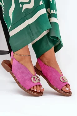 Boto Sandały Płaskie*Sandały Damskie Z Ozdobą Na Płaskim Obcasie Eko Zamszowe Różowe Ralisses Różowy