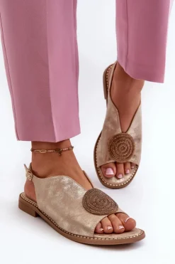 Damskie Damskie buty S.Barski Sandały Damskie Z Ozdobą Na Płaskim Obcasie S.Barski KV24-057 Złote