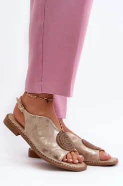 Damskie Damskie buty S.Barski Sandały Damskie Z Ozdobą Na Płaskim Obcasie S.Barski KV24-057 Złote