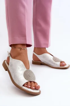 New Damskie buty S.Barski Sandały Damskie Z Ozdobą Na Płaskim Obcasie S.Barski KV24-057 Srebrne