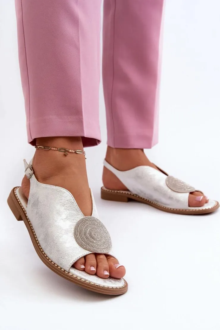 New Damskie buty S.Barski Sandały Damskie Z Ozdobą Na Płaskim Obcasie S.Barski KV24-057 Srebrne