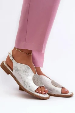 New Damskie buty S.Barski Sandały Damskie Z Ozdobą Na Płaskim Obcasie S.Barski KV24-057 Srebrne