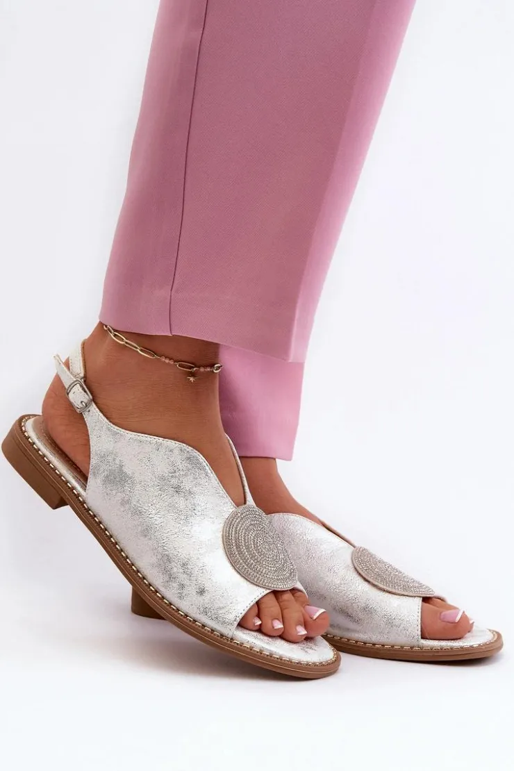 New Damskie buty S.Barski Sandały Damskie Z Ozdobą Na Płaskim Obcasie S.Barski KV24-057 Srebrne