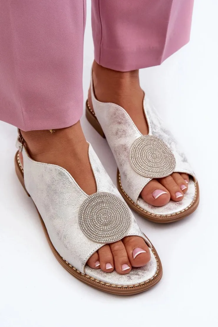 New Damskie buty S.Barski Sandały Damskie Z Ozdobą Na Płaskim Obcasie S.Barski KV24-057 Srebrne