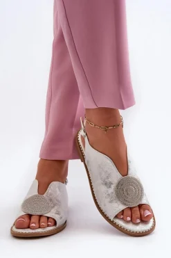 New Damskie buty S.Barski Sandały Damskie Z Ozdobą Na Płaskim Obcasie S.Barski KV24-057 Srebrne