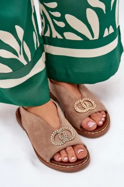 Damskie Boto Sandały Damskie Z Ozdobą Na Płaskim Obcasie Eko Zamszowe Ciemnobeżowe Ralisses