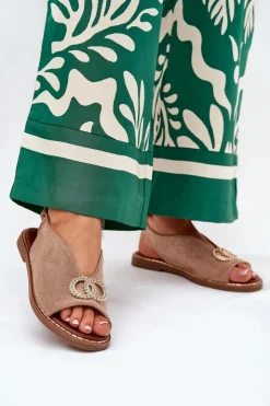 Damskie Boto Sandały Damskie Z Ozdobą Na Płaskim Obcasie Eko Zamszowe Ciemnobeżowe Ralisses