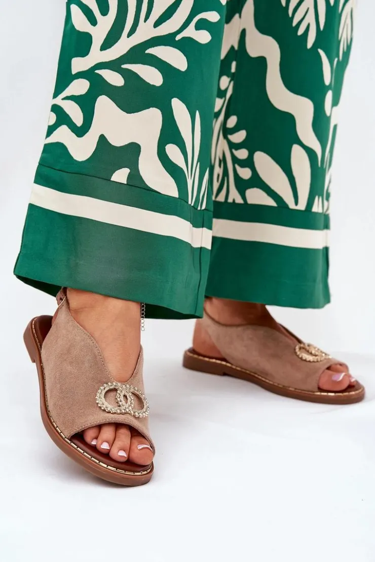 Damskie Boto Sandały Damskie Z Ozdobą Na Płaskim Obcasie Eko Zamszowe Ciemnobeżowe Ralisses