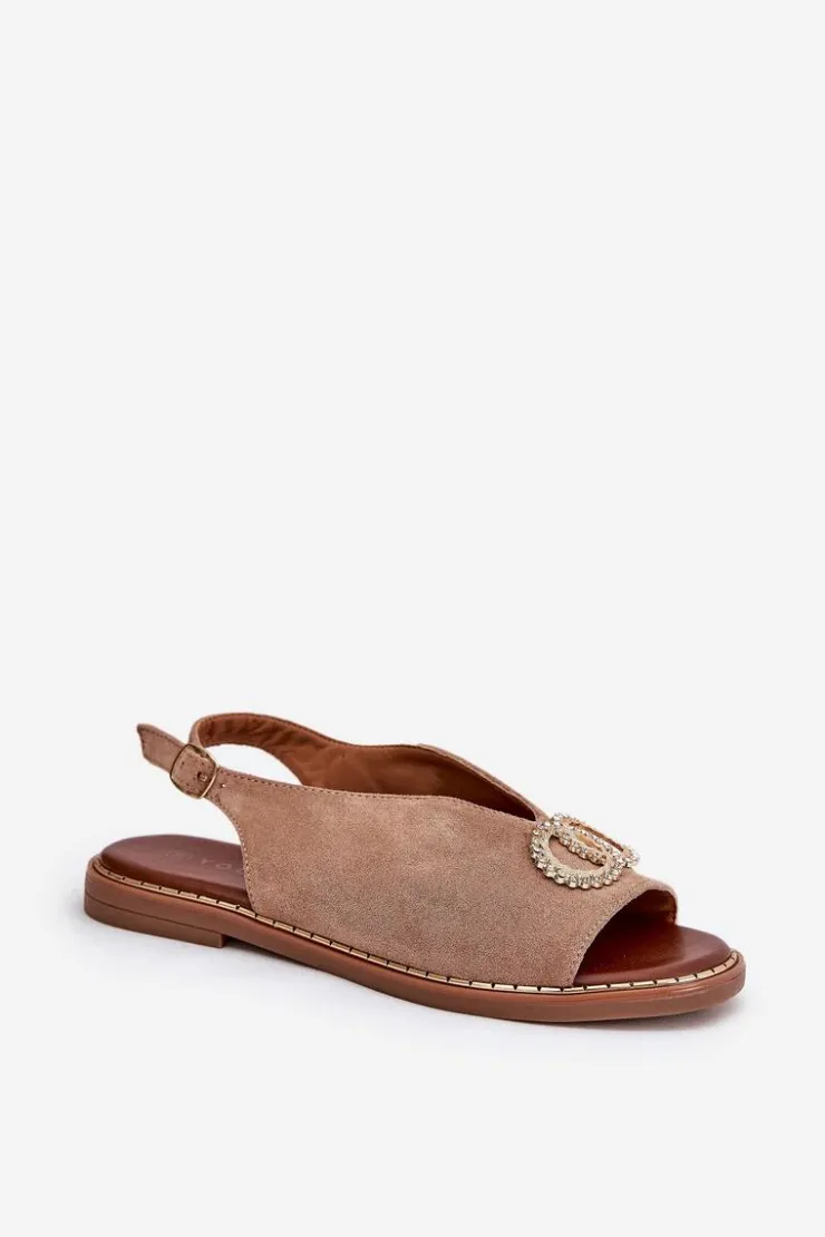 Damskie Boto Sandały Damskie Z Ozdobą Na Płaskim Obcasie Eko Zamszowe Ciemnobeżowe Ralisses