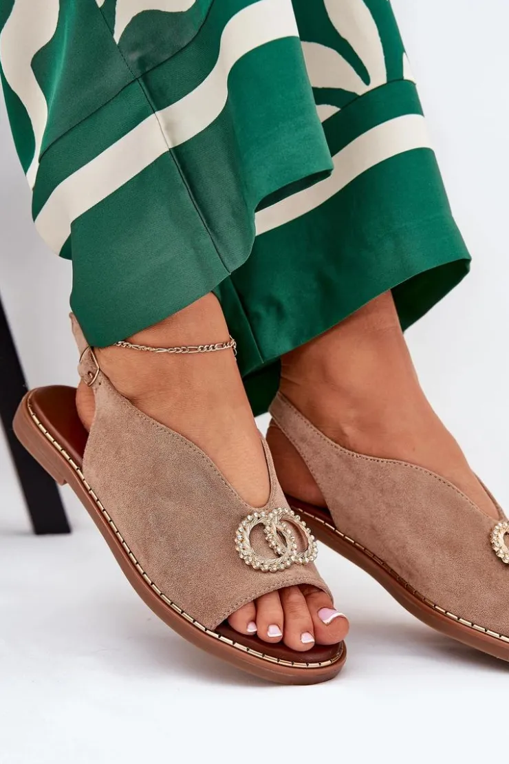 Damskie Boto Sandały Damskie Z Ozdobą Na Płaskim Obcasie Eko Zamszowe Ciemnobeżowe Ralisses