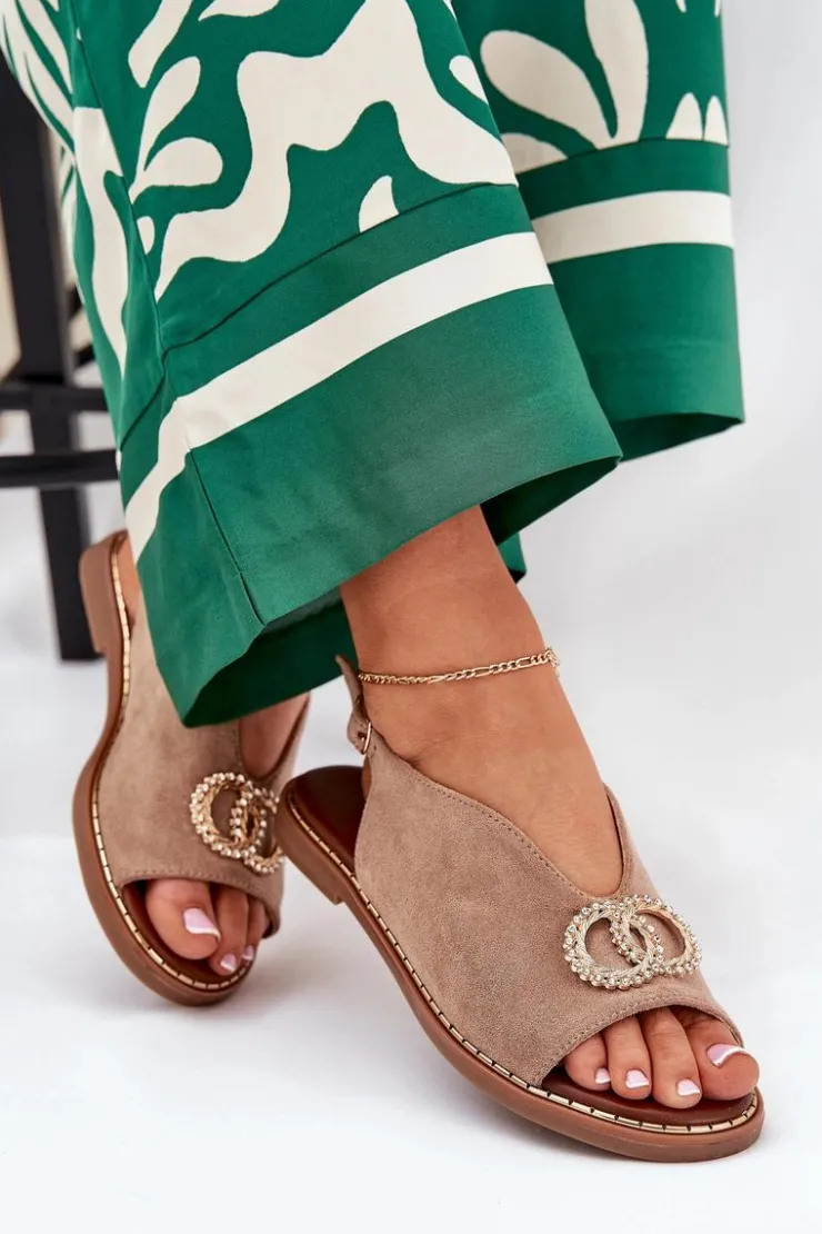 Damskie Boto Sandały Damskie Z Ozdobą Na Płaskim Obcasie Eko Zamszowe Ciemnobeżowe Ralisses