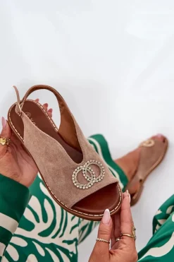 Damskie Boto Sandały Damskie Z Ozdobą Na Płaskim Obcasie Eko Zamszowe Ciemnobeżowe Ralisses