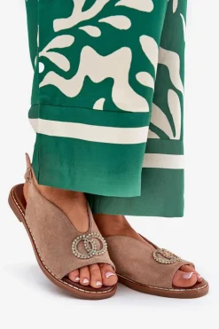 Damskie Boto Sandały Damskie Z Ozdobą Na Płaskim Obcasie Eko Zamszowe Ciemnobeżowe Ralisses