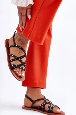 Boto Sandały Płaskie*Sandały Damskie Z Ozdobami Czarne Alemona Czarny