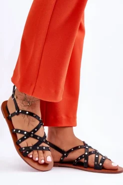 Boto Sandały Płaskie*Sandały Damskie Z Ozdobami Czarne Alemona Czarny