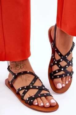 Boto Sandały Płaskie*Sandały Damskie Z Ozdobami Czarne Alemona Czarny