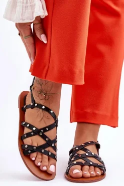 Boto Sandały Płaskie*Sandały Damskie Z Ozdobami Czarne Alemona Czarny