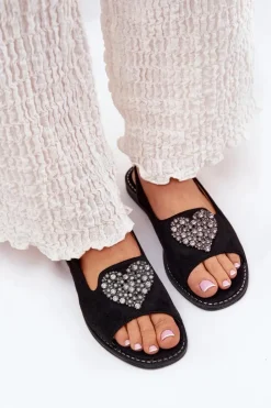 Hot Damskie buty S.Barski Sandały Damskie Z Ozdobnym Sercem S.Barski KV27-018 Czarne Czarny