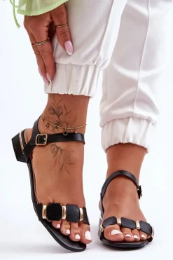 Boto Sandały Płaskie*Sandały Damskie Z Ozdobnym Paskiem Płaskie Czarne Adissa