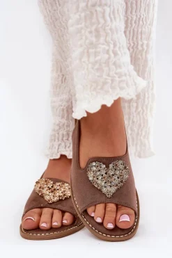 Damskie buty S.Barski Sandały Płaskie*Sandały Damskie Z Ozdobnym Sercem S.Barski KV27-018 Ciemnobeżowe Beżowy