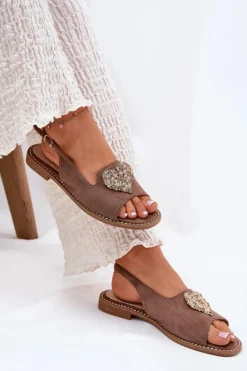 Damskie buty S.Barski Sandały Płaskie*Sandały Damskie Z Ozdobnym Sercem S.Barski KV27-018 Ciemnobeżowe Beżowy