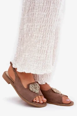 Damskie buty S.Barski Sandały Płaskie*Sandały Damskie Z Ozdobnym Sercem S.Barski KV27-018 Ciemnobeżowe Beżowy