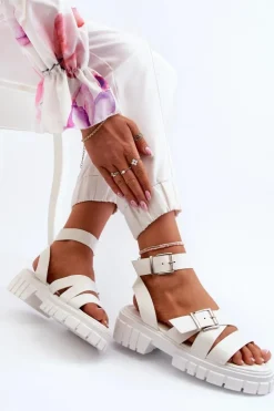 Damskie Boto Sandały Damskie Z Paskami Eko Skórzane Białe Eladira
