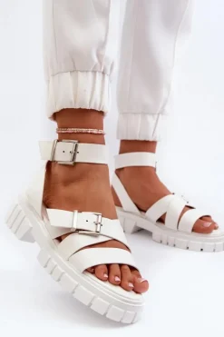 Damskie Boto Sandały Damskie Z Paskami Eko Skórzane Białe Eladira