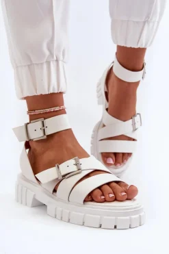 Damskie Boto Sandały Damskie Z Paskami Eko Skórzane Białe Eladira