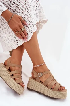 Discount Boto Sandały Damskie Z Paskami I Plecionką Khaki Pardauss